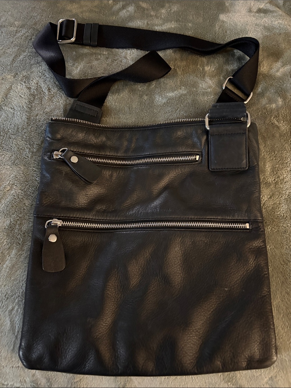 Men's or Womens Black Leather Messenger Bag with Silver Zippers